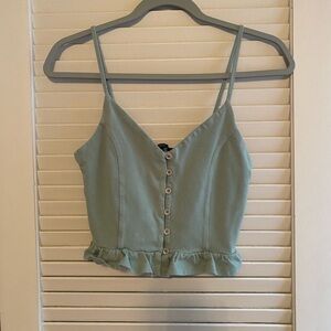 Green Button-Up Ruffle Hem Top